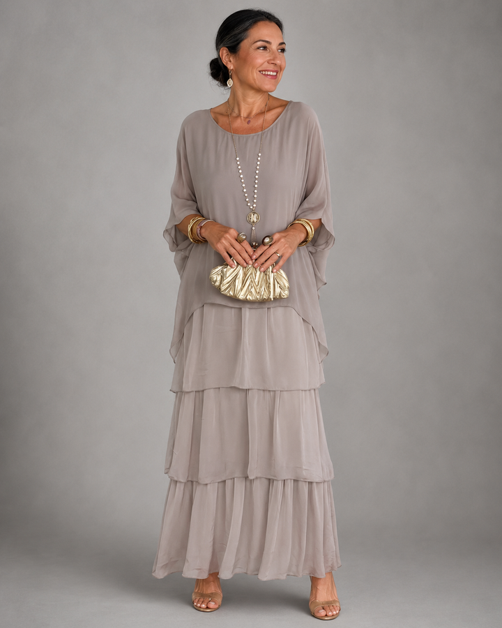 Herbstliches, vielseitiges Damen Abendkleid; fließende Eleganz für kühle Abende & Abendmode.