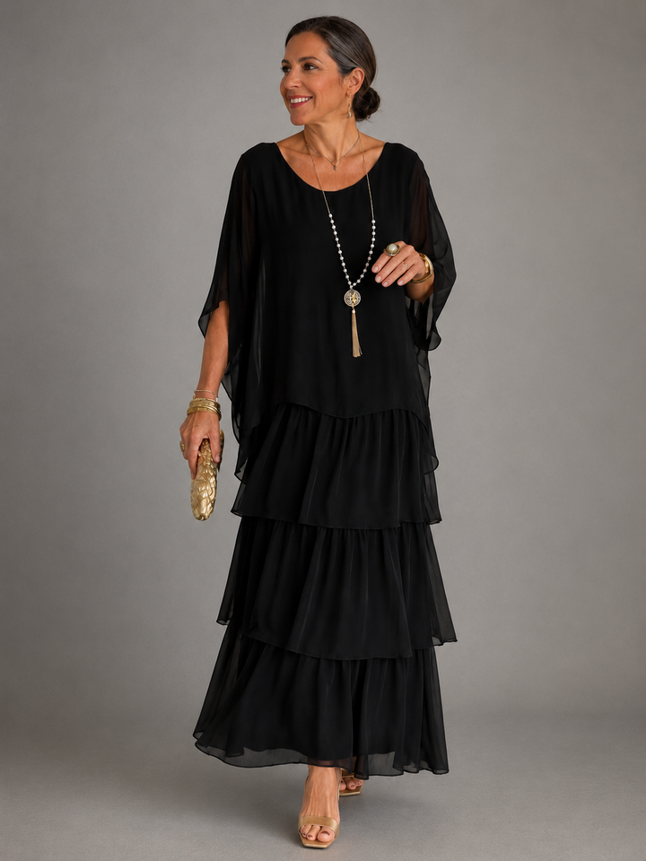 Langes, fließendes Damen Abendkleid für elegante Herbstabende; festlich & komfortabel.