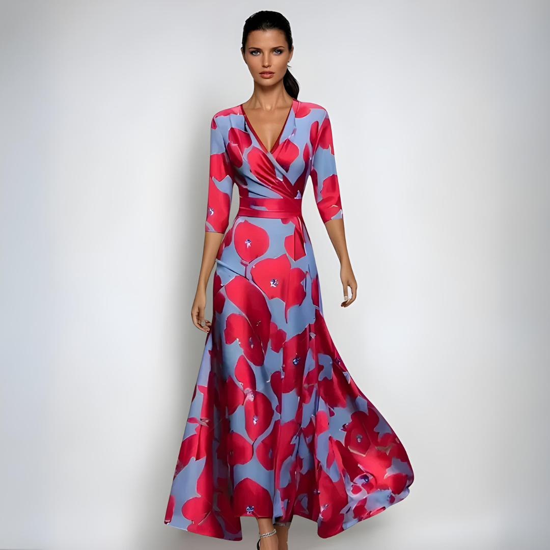 Elegantes langes Damen Abendkleid mit Blumenmuster, ideal für festliche Anlässe & Hochzeitsgäste.