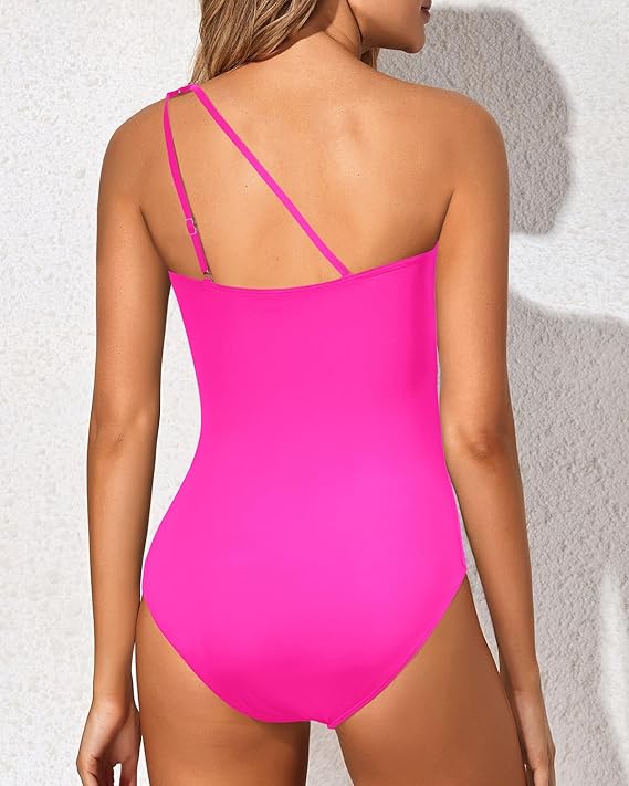 Luxuriöser schwarzer Damen Ein-Schulter Badeanzug. Bauchkontrolle für selbstbewusste Strandtage.