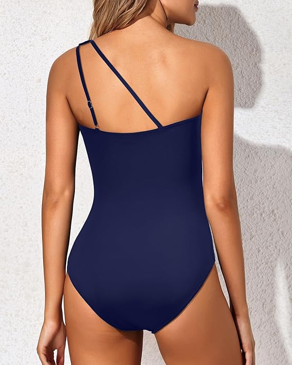 Damen Ein-Schulter Badeanzug im Leopard-Muster. Bauchkontrolle für modischen Sommer-Look.