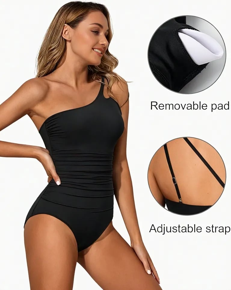 Damen Bademode: Ein-Schulter Badeanzug mit Bauchkontrolle für schmeichelhafte Silhouette.
