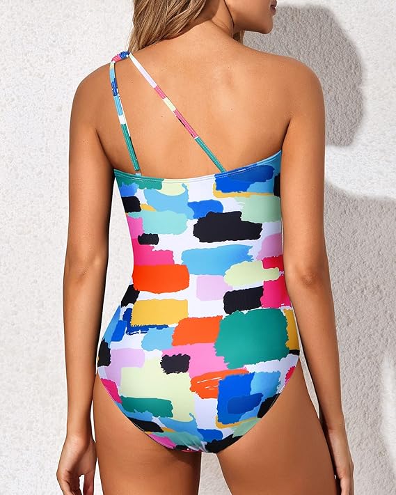 Sommer Badeanzug Damen mit Ein-Schulter-Design. Bauchkontrolle für eine schlanke Optik.