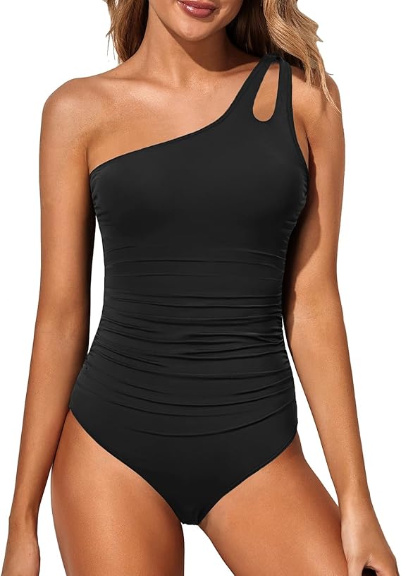 Exotischer Damen Ein-Schulter Badeanzug im Leopard-Design. Bauchkontrolle für auffälligen Urlaub.