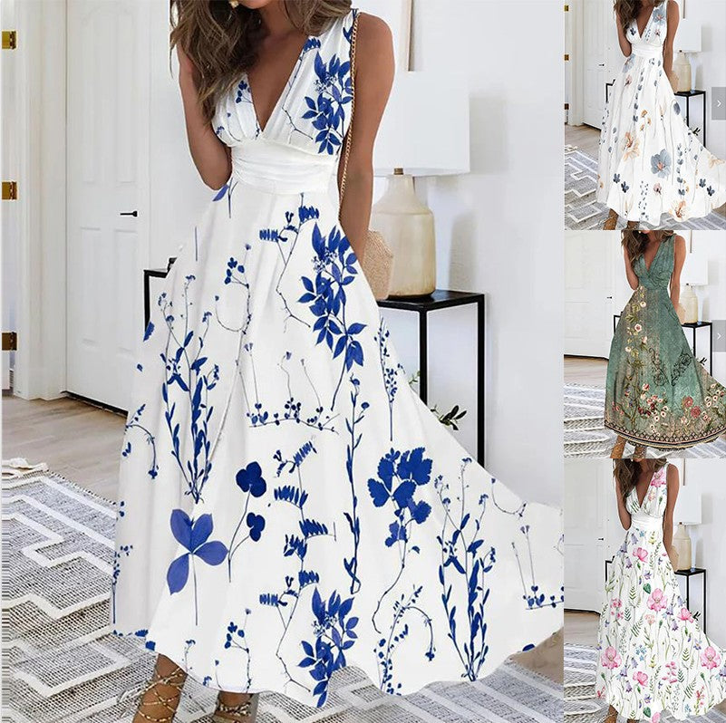 Langes Damenkleid mit floralem Muster, A-Linie, V-Ausschnitt, elegant für Hochzeiten & Sommerfeiern.