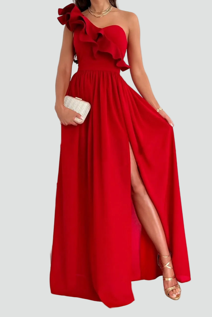 Feminines Damen Abendkleid in Maxi-Länge mit Volant und sexy Schlitz, perfekt für Partys.