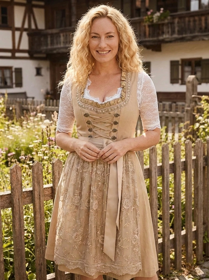 Marlene Damen Dirndl, elegantes Festkleid in Beige für Oktoberfest. Traditionelle Tracht für besondere Feste.