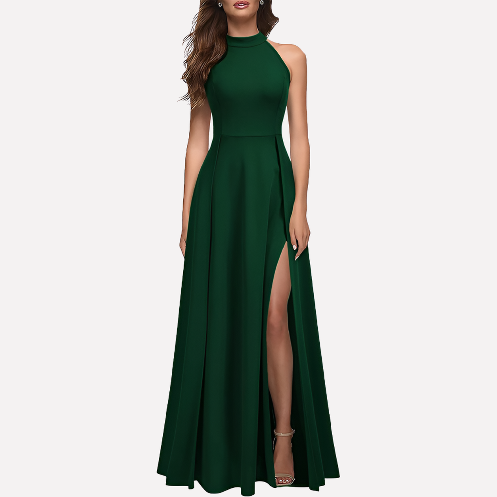 Festliches Damen Halterneck Maxikleid, rückenfrei mit elegantem Schlitz, ideal für Hochzeiten.