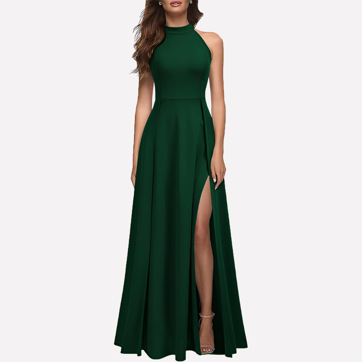 Festliches Damen Halterneck Maxikleid, rückenfrei mit elegantem Schlitz, ideal für Hochzeiten.