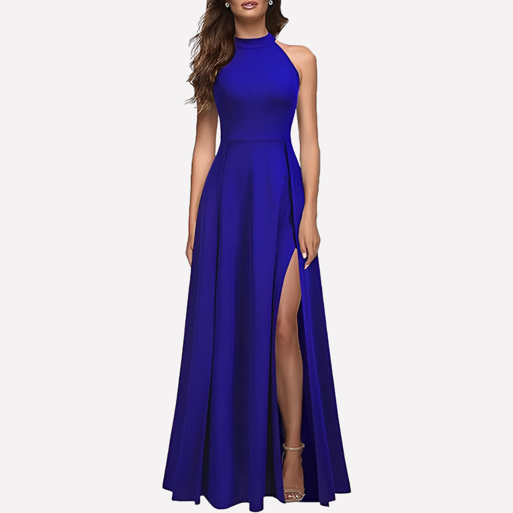 Edles, langes Damen Maxikleid mit Halterneck und hohem Schlitz, perfekt für Hochzeitsgäste.