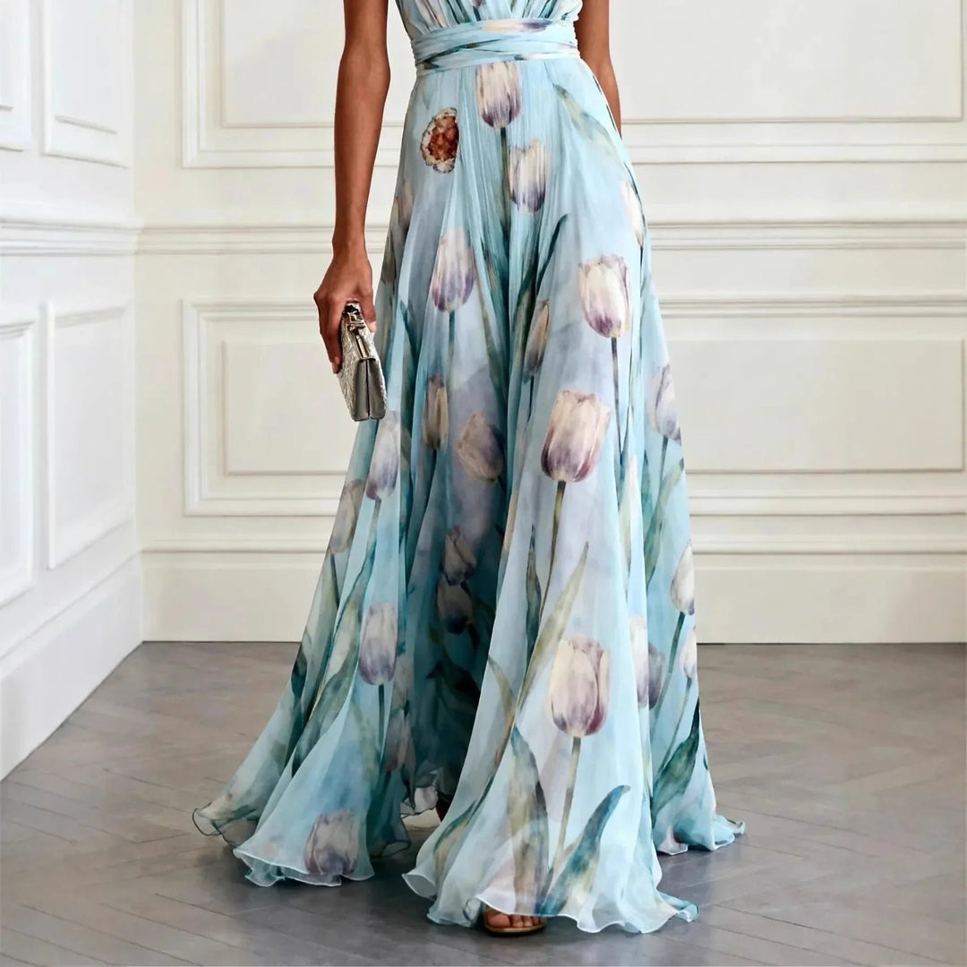 Damen Maxikleid mit V-Ausschnitt, elegantem Blütenmuster & fließendem Schnitt für Sommer-Partys & festliche Anlässe.