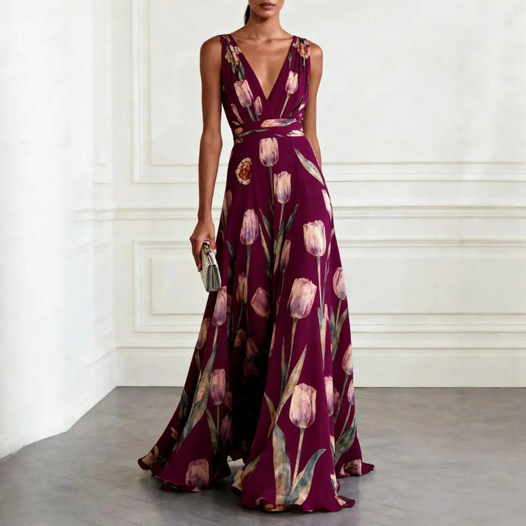 Damen Sommer-Maxikleid mit zartem Pastell-Blumenmuster. Elegant und fließend für festliche Anlässe, Party oder Hochzeit.