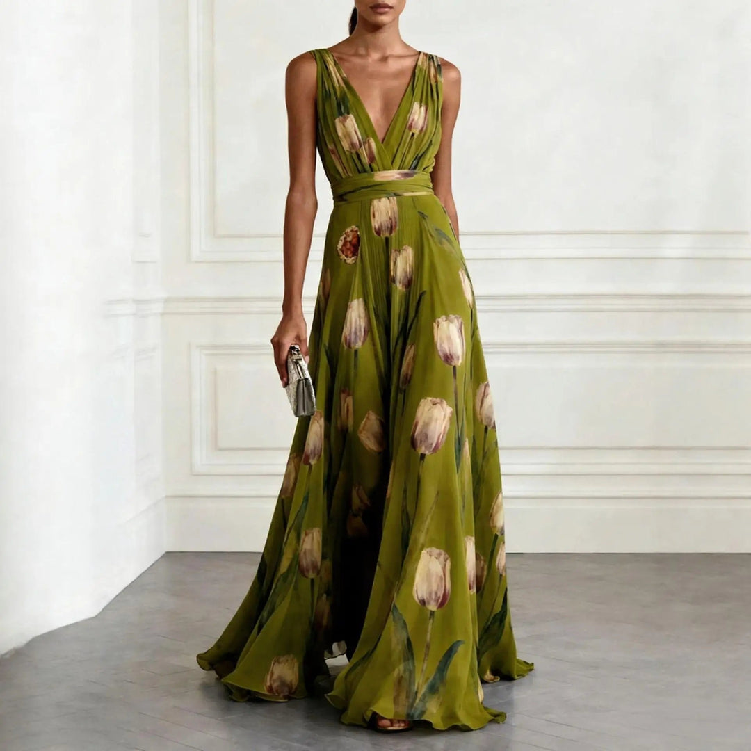Fließendes Damen Maxikleid mit V-Ausschnitt und elegantem Blumenmuster. Ideal als festliches Abendkleid oder Partykleid.