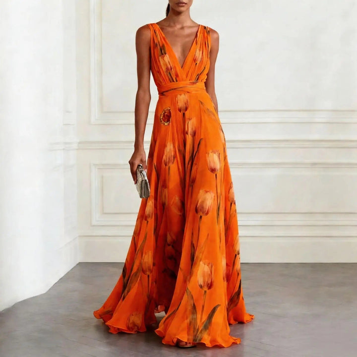 Schickes Damen Maxikleid mit elegantem Blütenmuster, perfekt für festliche Anlässe, Hochzeiten und Sommerpartys.