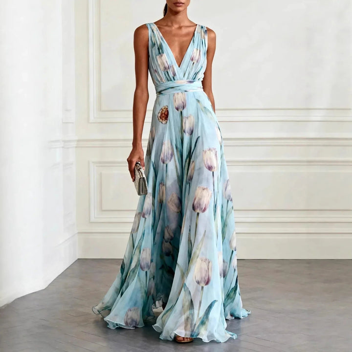 Elegantes Damen Maxikleid mit floralem Blumenmuster für Hochzeiten & festliche Partys. Fließender Schnitt in Pastell.