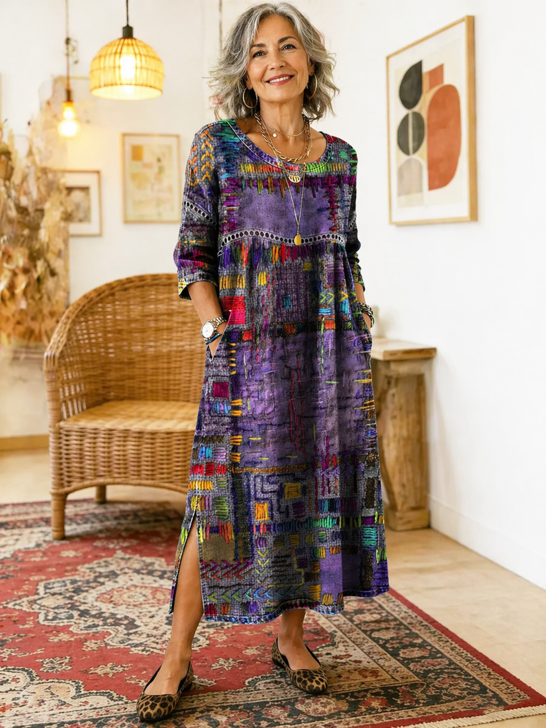 Komfortables Amelie Boho-Kleid mit buntem Patchwork-Design. Perfektes Musterkleid für warme Sommertage.
