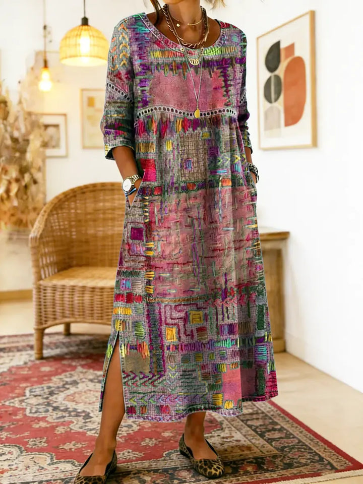 Vielseitiges Amelie Freizeitkleid. Elegantes Damen Boho-Kleid mit auffälligem Patchwork-Design.