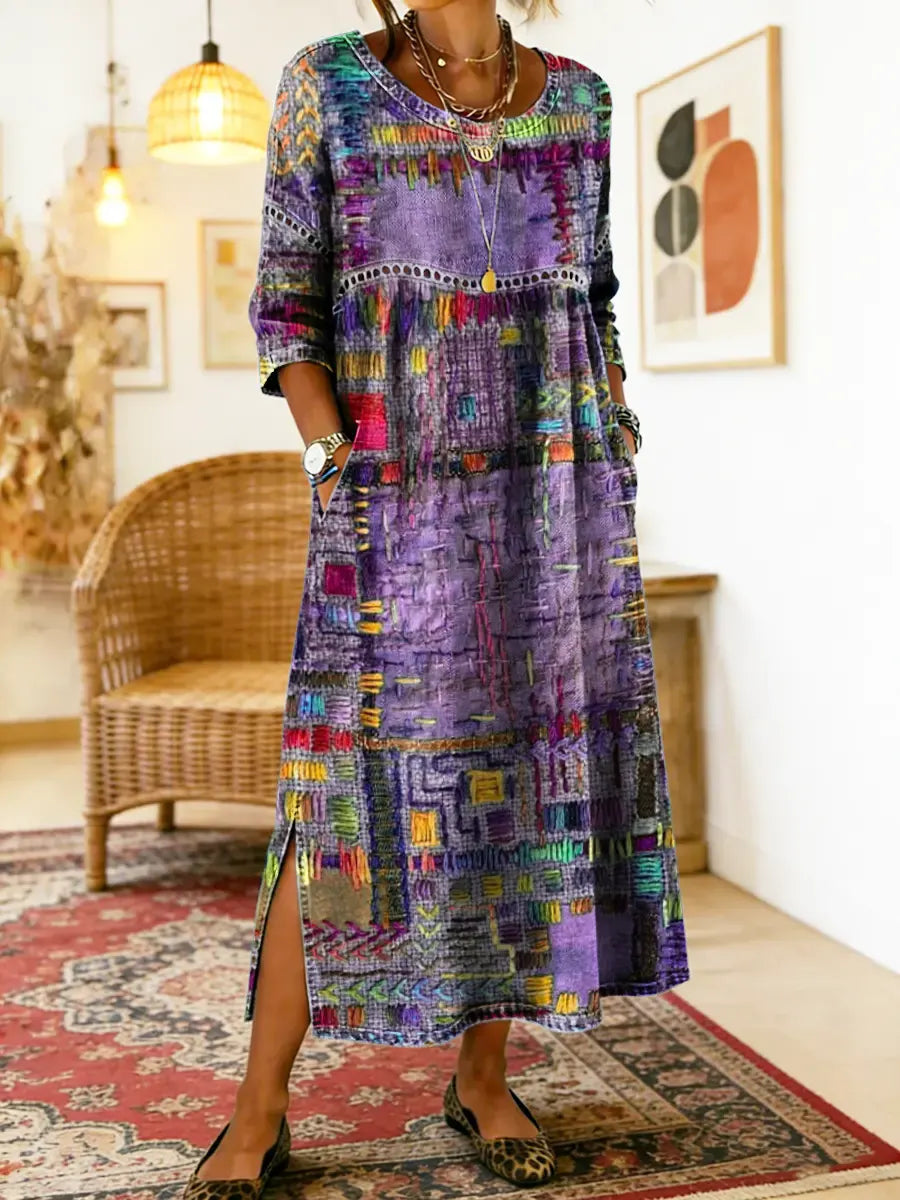 Weiches, vielseitiges Amelie Damen Patchwork-Kleid. Ideal als Boho-Kleid für Freizeit und elegante Anlässe.