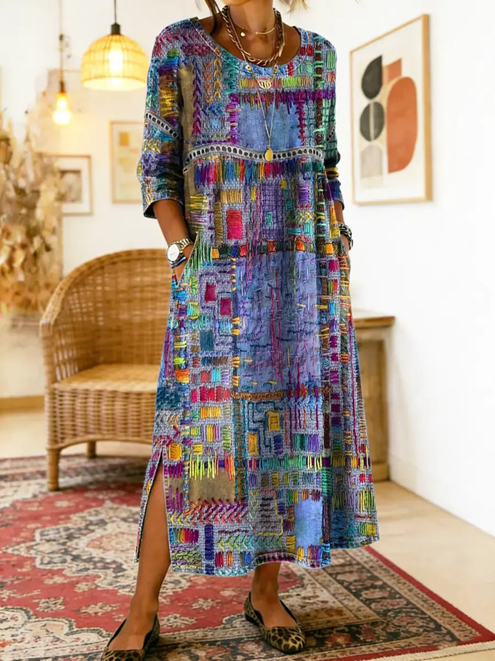 Elegantes Amelie Damen Patchwork-Kleid im Boho-Stil. Vielseitiges Sommerkleid für Freizeit.