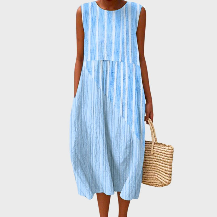 Graues Damen Midikleid, ärmellos, mit Stufenrock; vielseitig für Sommer, Herbst und Freizeit.