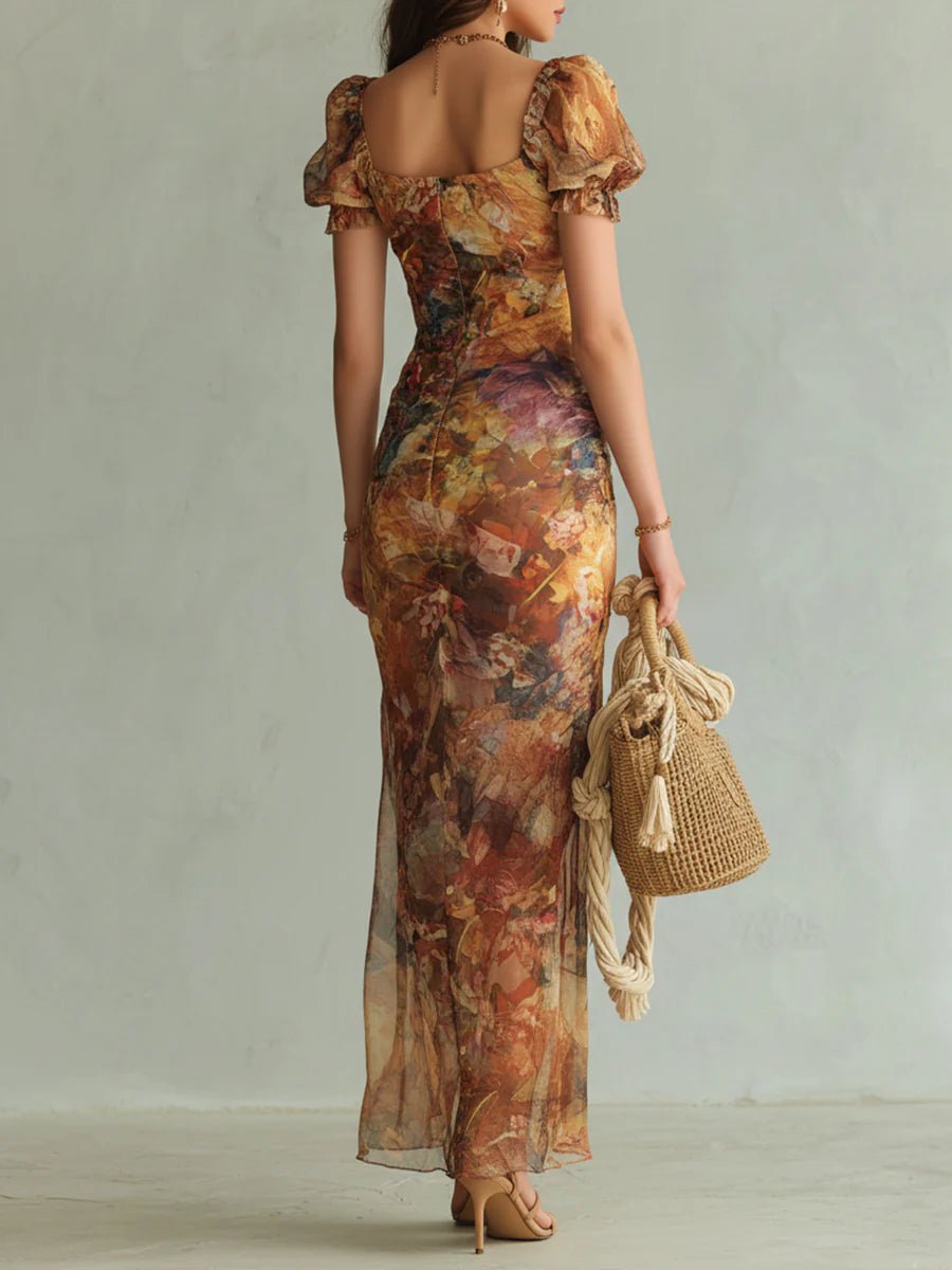 Langes orangefarbenes Damen Maxikleid im Boho-Stil, fließend und elegant, ideal als Sommer- oder Festkleid.