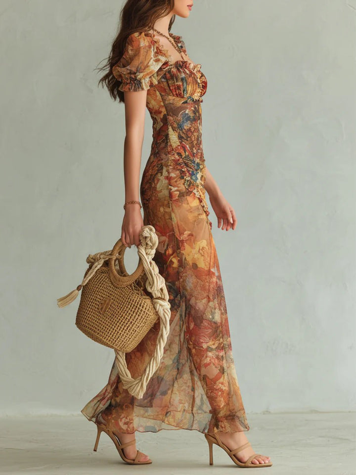 Fließendes orangefarbenes Boho Maxikleid für Damen, elegant und bequem, geeignet für festliche Anlässe oder Freizeit.