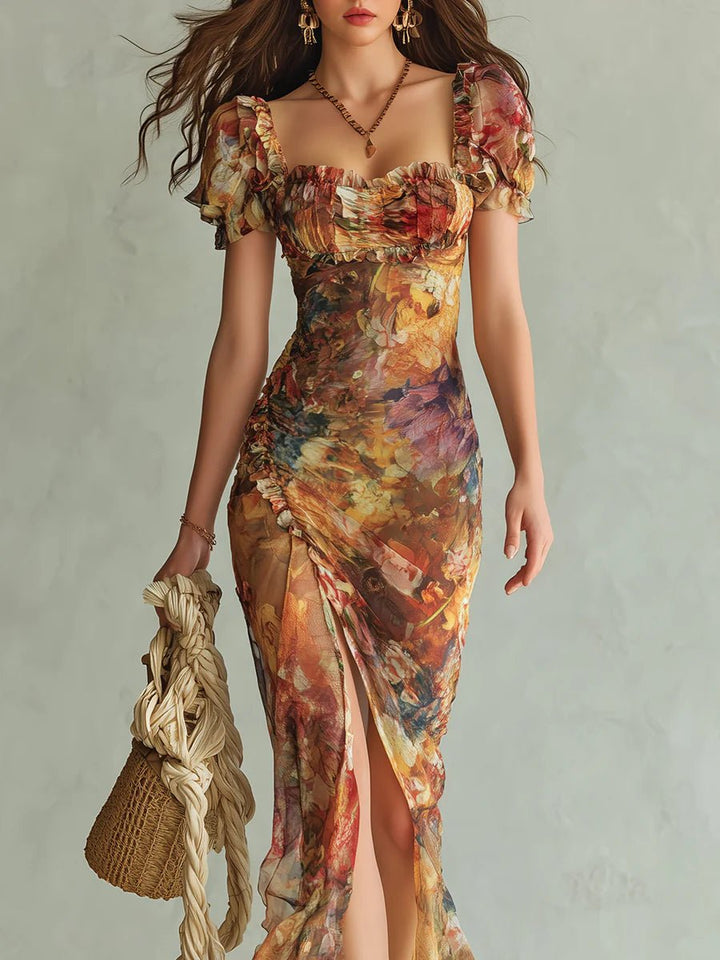 Orangefarbenes Damen Maxikleid im Boho-Stil mit fließender Silhouette, elegant für Sommerfeste und Events.