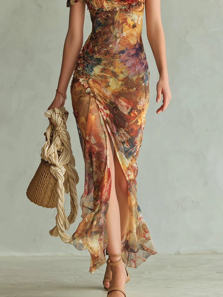 Damen Maxikleid in leuchtendem Orange, eleganter Boho-Stil, fließend und vielseitig für Sommer und Feierlichkeiten.