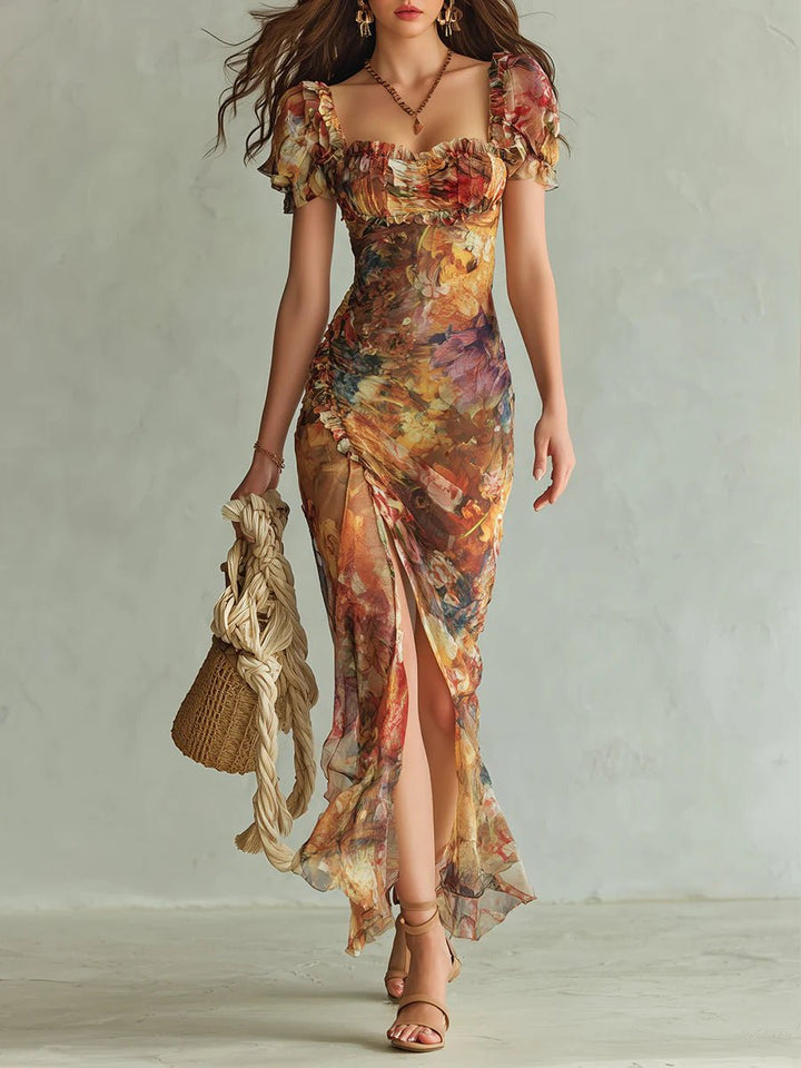 Elegantes orangefarbenes Damen Boho Maxikleid, fließender Stil, perfekt für Sommer und besondere Anlässe.
