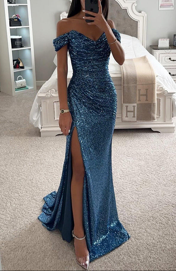 Langes, elegantes Festkleid für Damen, schulterfrei, ideal für Gala, Hochzeitsgast oder besondere Partys.