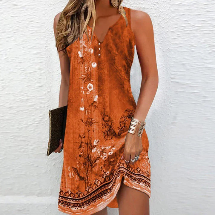 Modisches, leichtes Damen Minikleid mit ansprechendem Muster. Ärmellos, V-Ausschnitt. Ideal für Sommer, Freizeit & Strand.