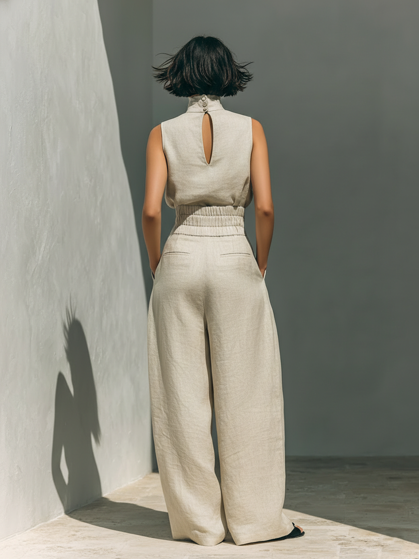 Bequemer Damen Sommer Set: ärmellose Bluse & weite Hose im minimalistischen Design. Perfekt für Freizeit.