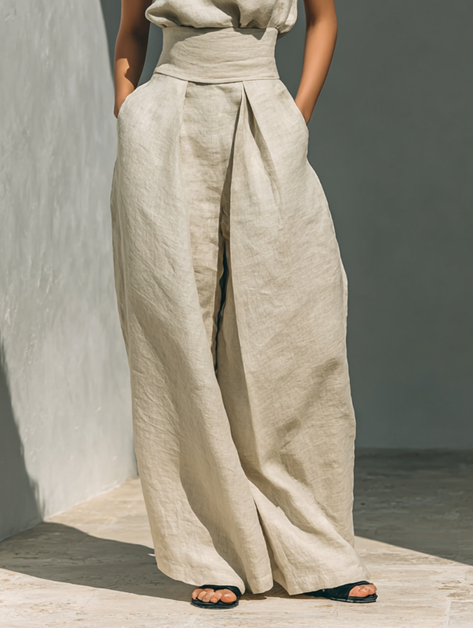 Stilvoller Damen Übergangslook: Zweiteiler mit ärmelloser Bluse & eleganter Hose. Komfortables, minimalistisches Set.