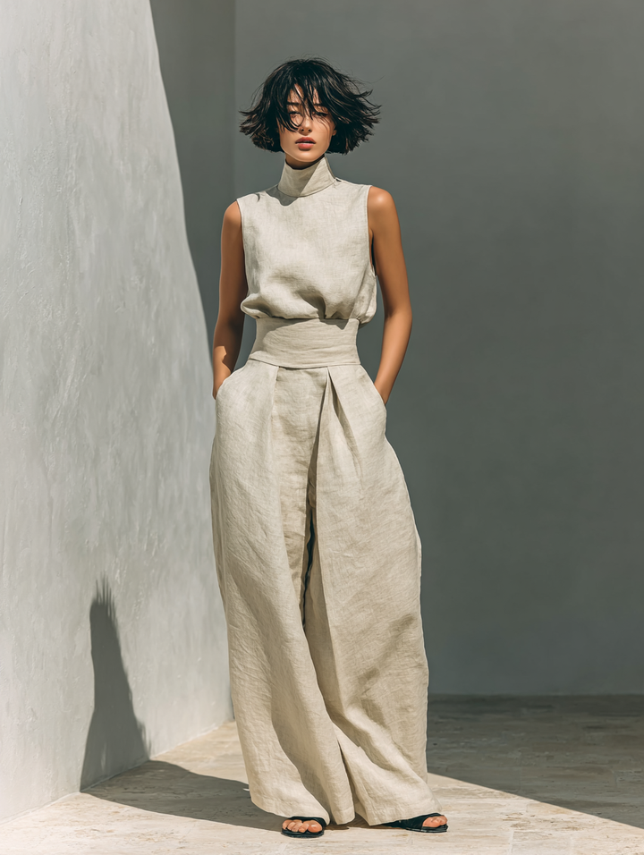 Moderner Damen Zweiteiler für Sommer. Atmungsaktive ärmellose Bluse & weite Hose, perfekt für entspannte Eleganz.