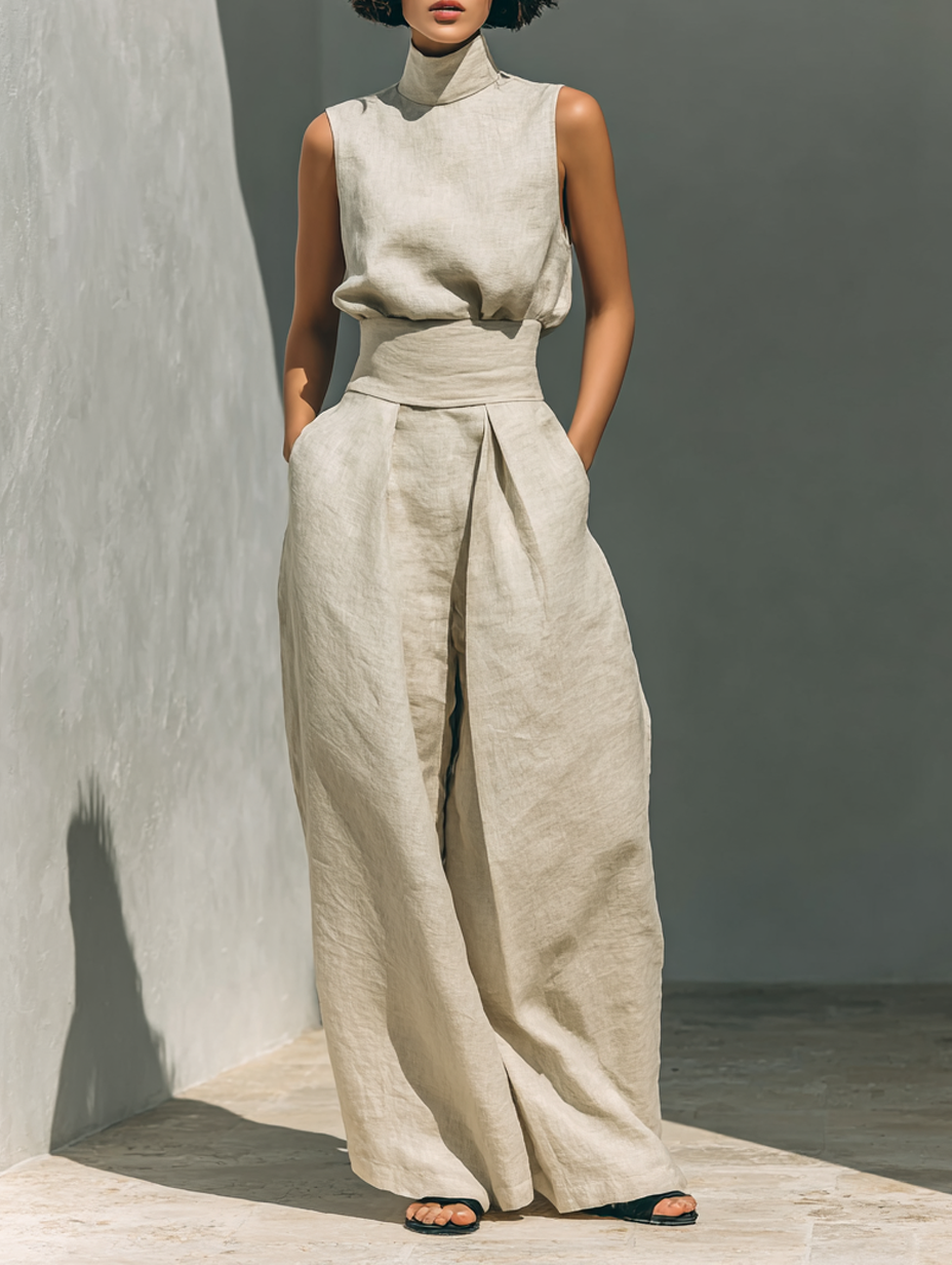 Eleganter Damen Zweiteiler für Sommer & Übergangszeit. Luftiges, stilvolles Set mit ärmelloser Bluse & eleganter Hose.