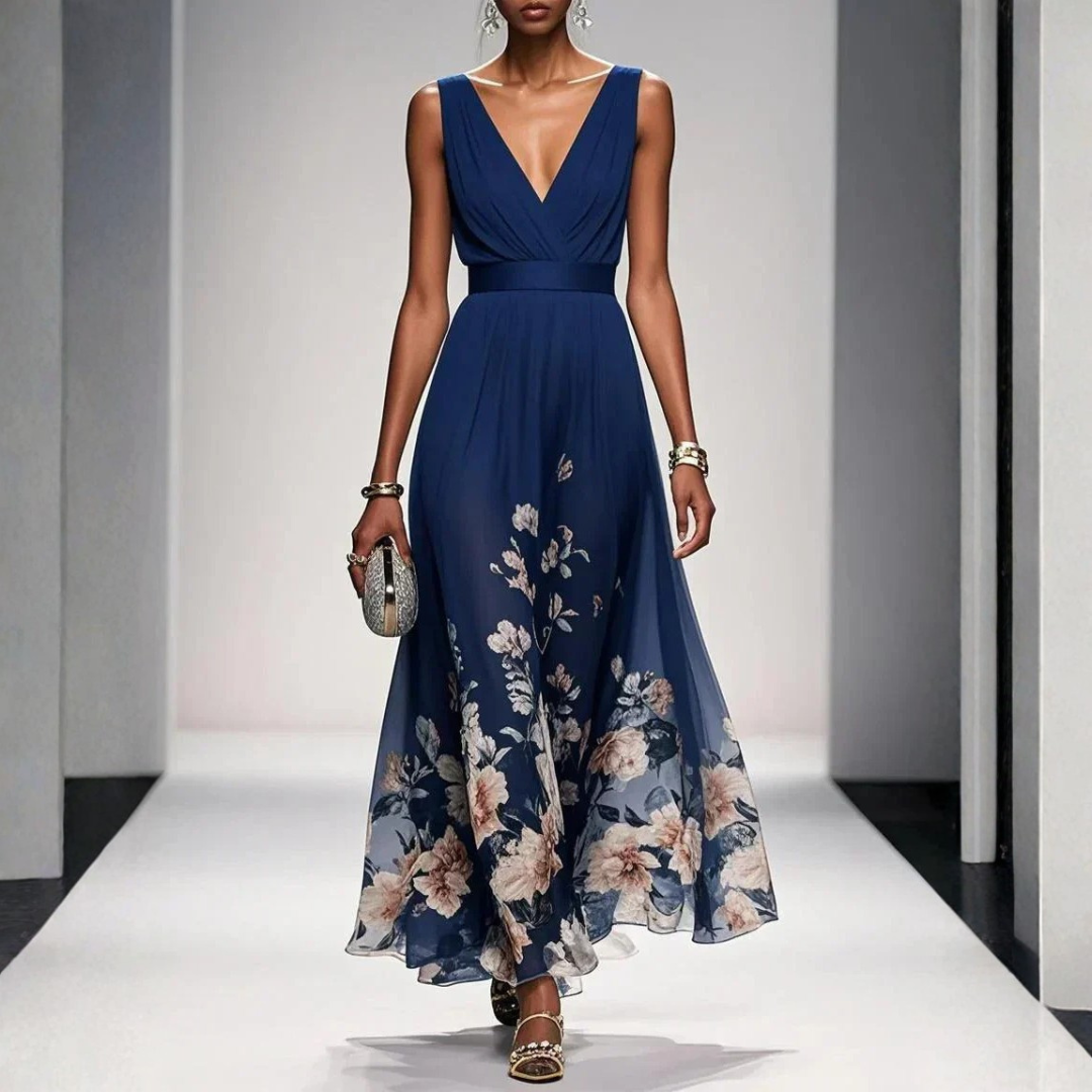 Elegantes Damen Maxikleid für Hochzeiten & Sommerfeste, fließend mit Blumenmuster.