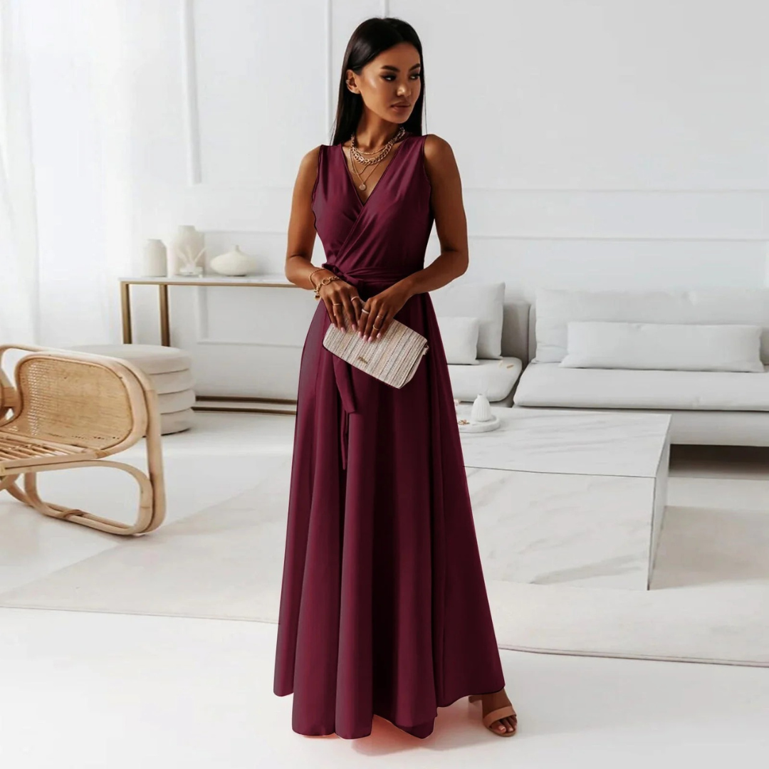 Festliches Damen Herbst Maxikleid für Hochzeitsgäste; langes, elegantes Abendkleid mit fließendem Stoff.