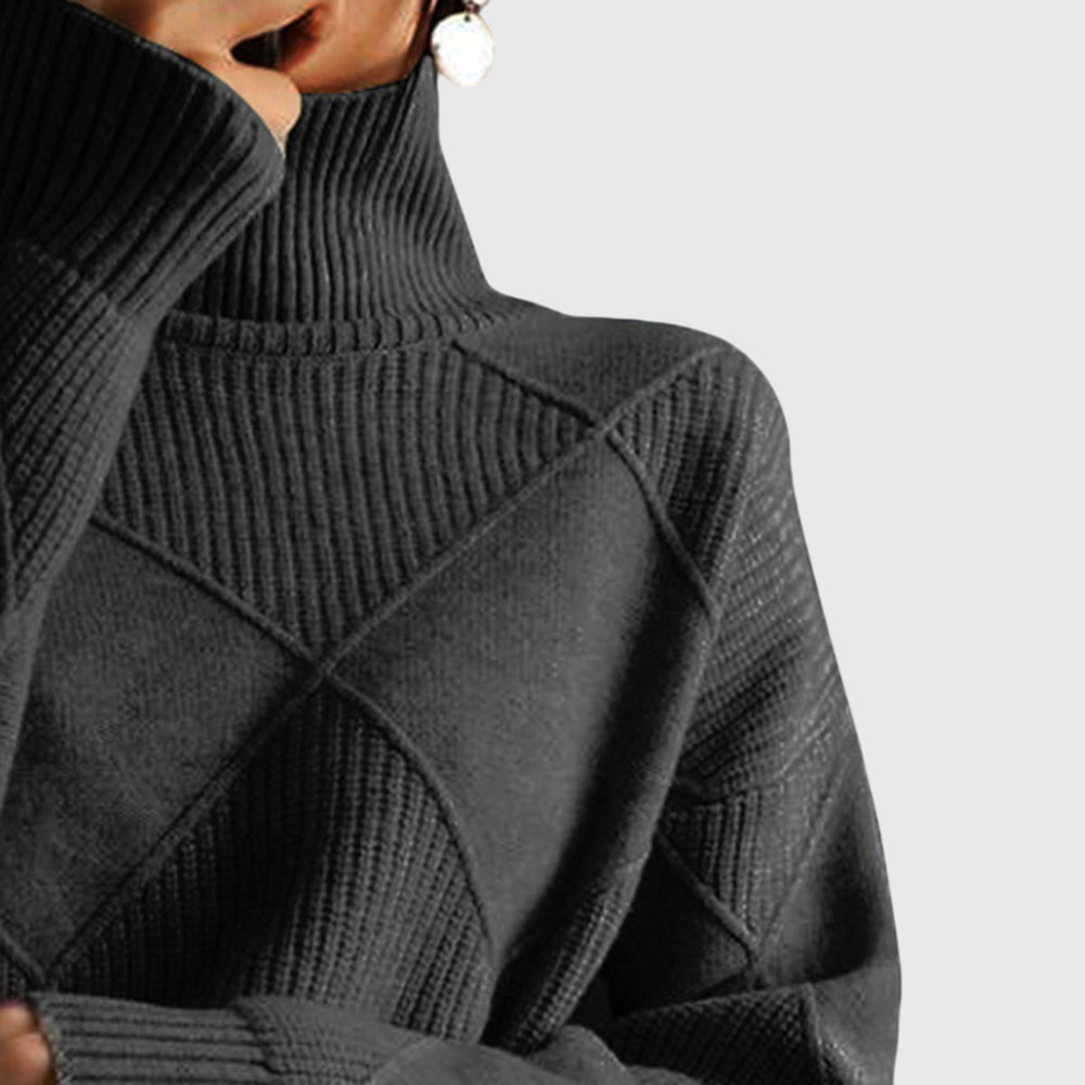 Eleganter Damen Strickpullover mit geometrischem Design & Rollkragen. Perfekt für Büro & Freizeit.