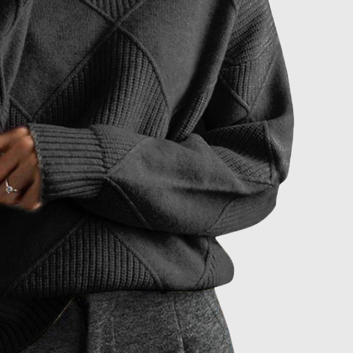 Schlanker Damen Rollkragenpullover, geometrisch gemustert. Vielseitiger Langarm-Pullover für Layering.