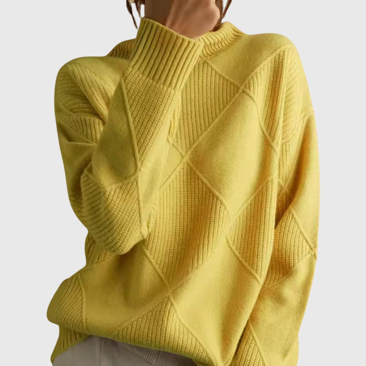 Vielseitiger Damen Rollkragen-Pullover mit geometrischem Muster. Ideal als Bürokleidung oder Freizeit-Look.