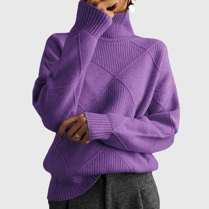 Hochwertiger Damen Rollkragen-Strickpullover mit einzigartigem geometrischem Muster. Bequem & stylisch.