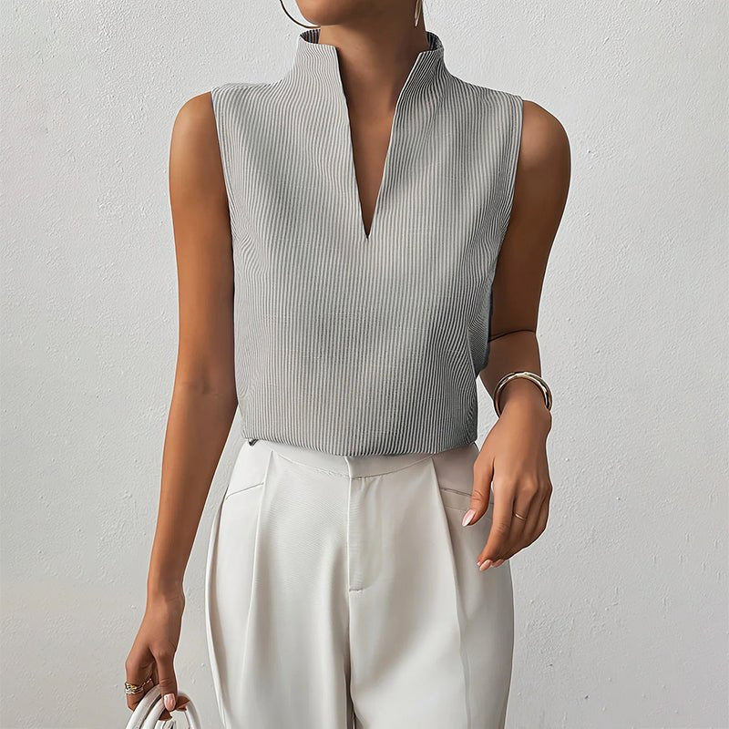 Damen Business-Bluse mit Streifen, ärmellos und elegantem Stehkragen, perfekt für Büro & Alltag.