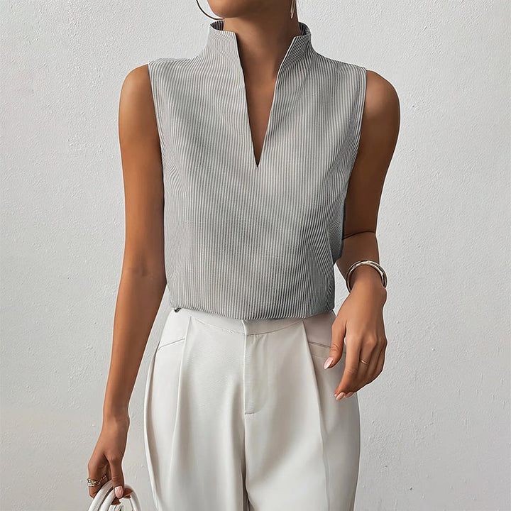 Damen Business-Bluse mit Streifen, ärmellos und elegantem Stehkragen, perfekt für Büro & Alltag.