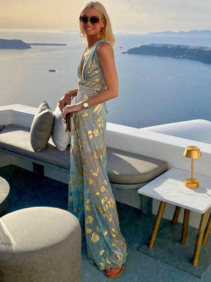Damen Pailletten Maxikleid, glamouröses Abendkleid mit V-Ausschnitt, perfekt für festliche Hochzeitsgäste.