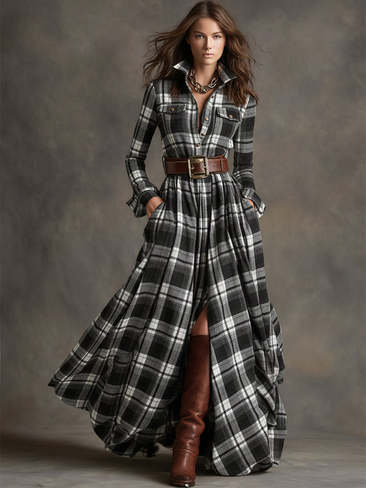 Elegantes Langarm Damenkleid mit Gürtel für Herbst und Business, Midi-Länge.