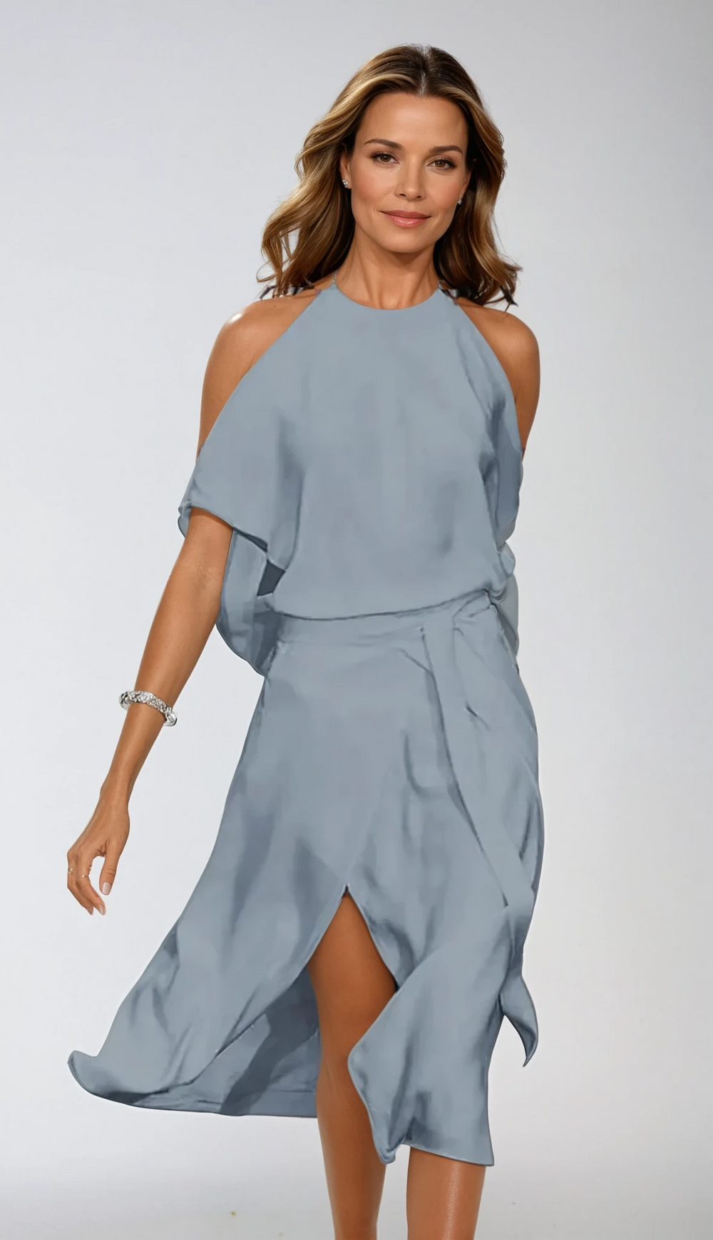 Damen Off-Shoulder Midikleid, asymmetrisch geschnitten. Ideal als Party- oder Abendkleid.