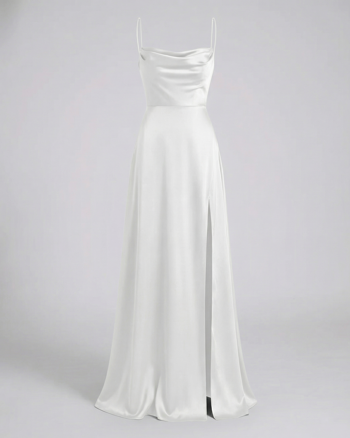 Damen Hochzeitsgast Maxikleid, lang & ärmellos. Elegantes Design mit Fokus auf das Rückendetail.