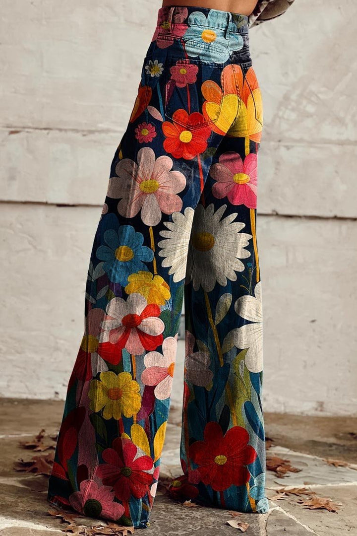 Bequeme Damen High-Waist Boho-Jeans im Vintage-Look mit weitem Bein, ideal für Freizeit & Herbstmode.
