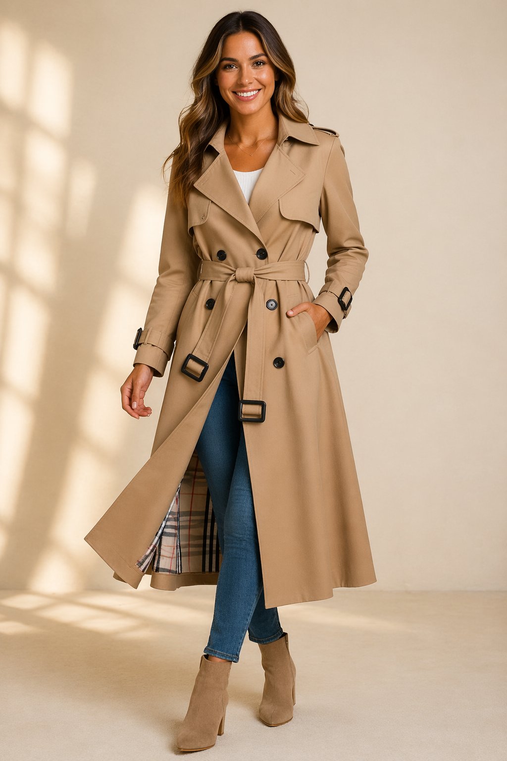 Stilvoller Damen Trenchcoat, zweireihig, mit Taillengürtel. Perfekte Oberbekleidung für Business & Freizeit.