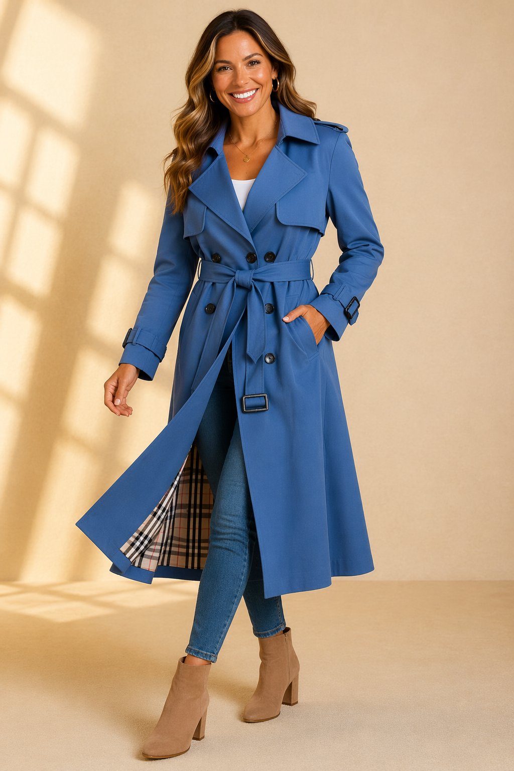 Modischer Damen Zweireihiger Trenchcoat mit Gürtel. Klassische Eleganz für stilvolle Business- und Casual-Looks.